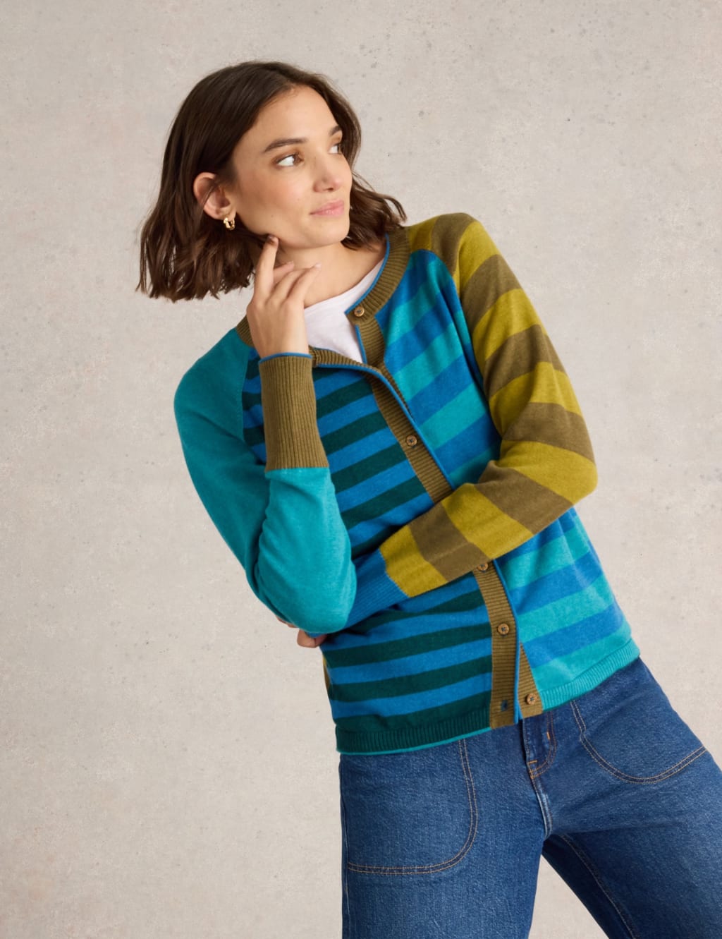Pure Cotton Striped Crew Neck Cardigan