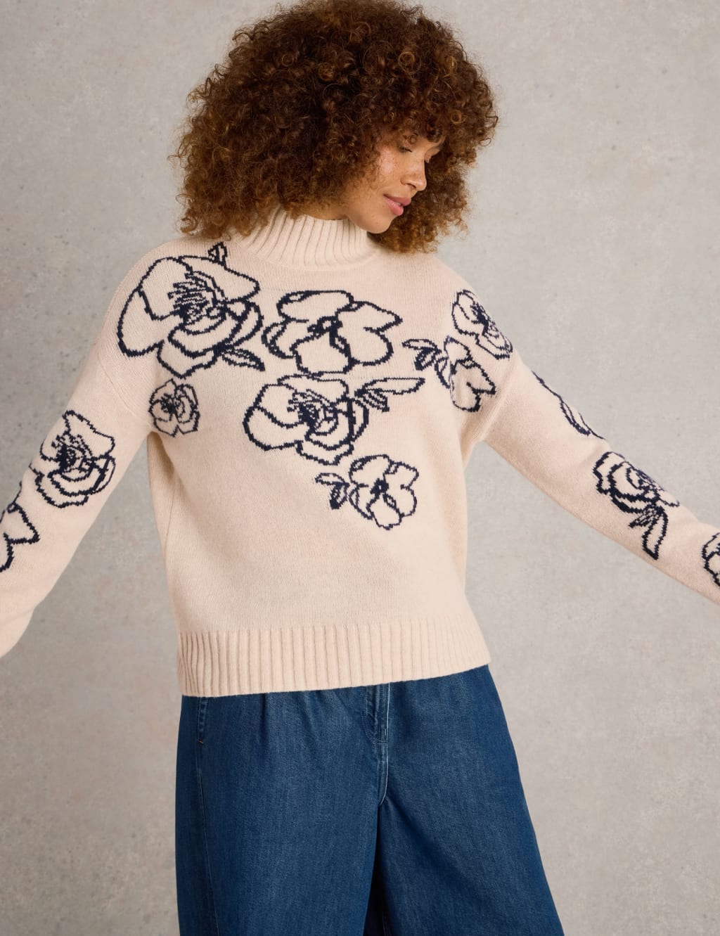 Lambswool Rich Floral Funnel Neck Jumper