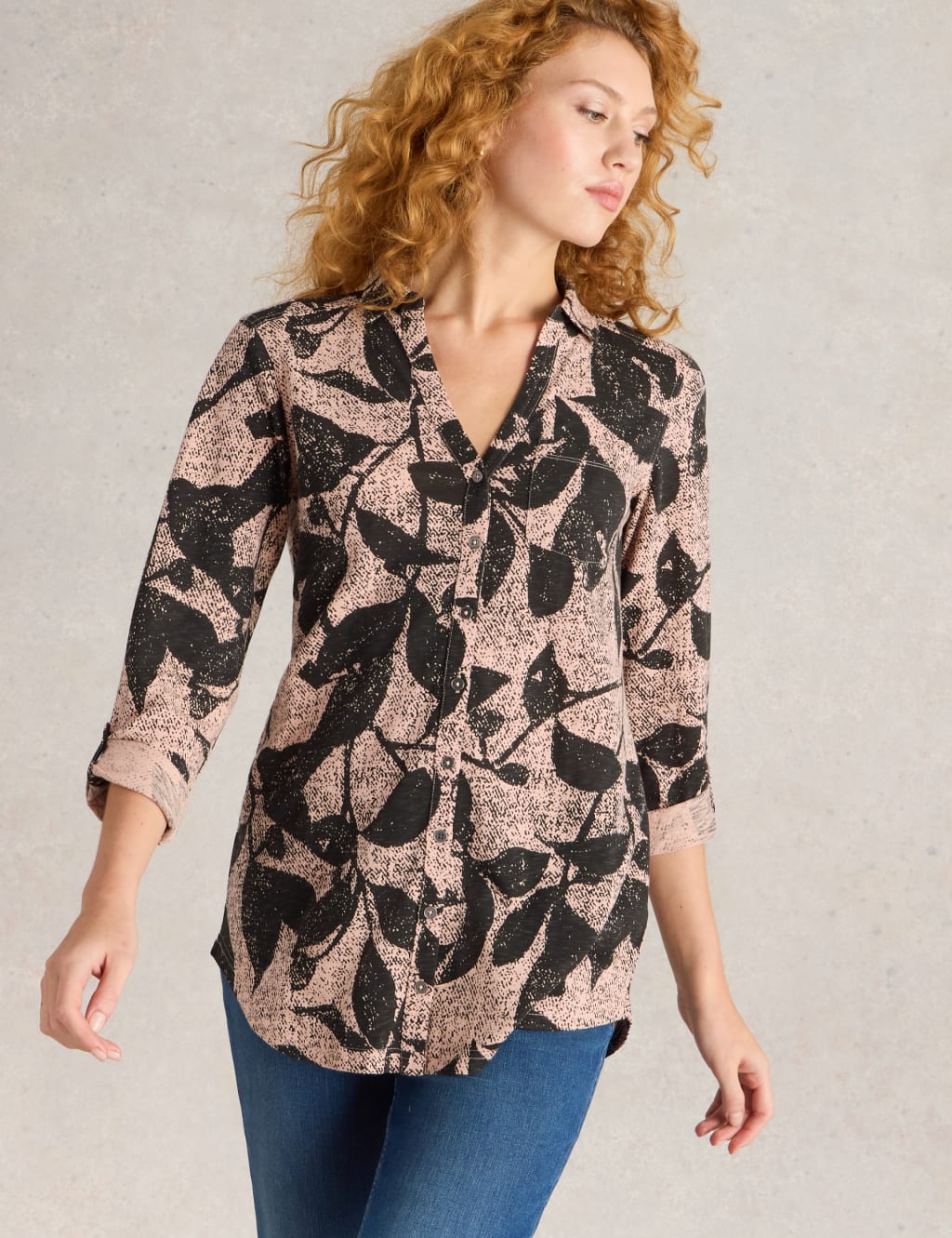 Pure Cotton Leaf Print Longline Shirt