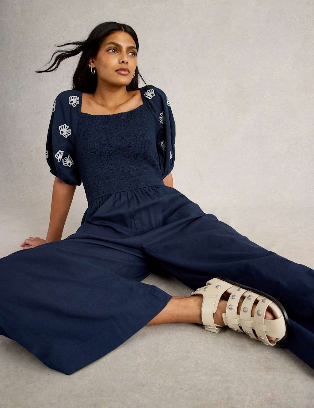 Cotton Linen Blend Embroidered Jumpsuit