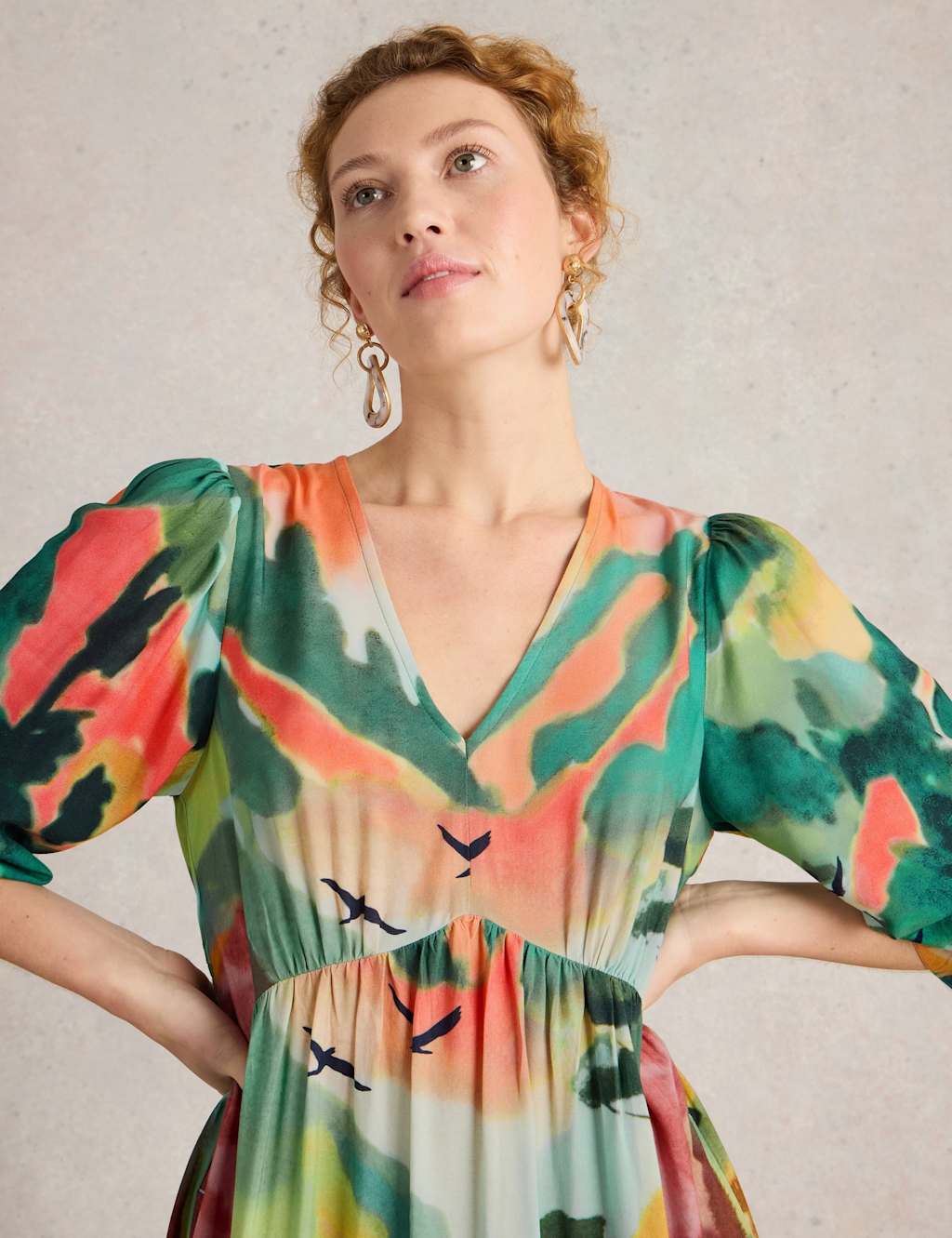 Printed V-Neck Midi Tea Dress