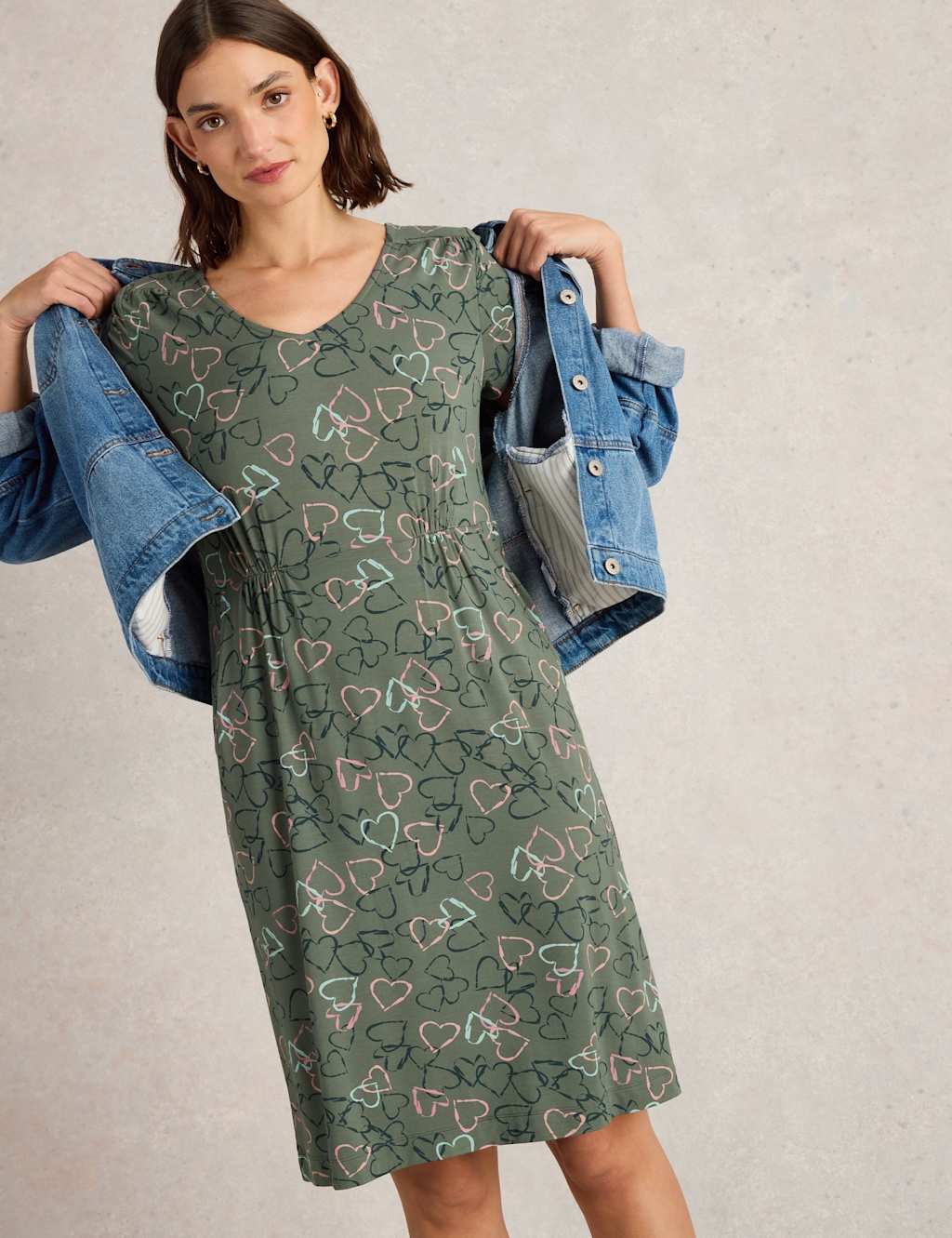 Jersey Heart Print V-Neck Mini Waisted Dress