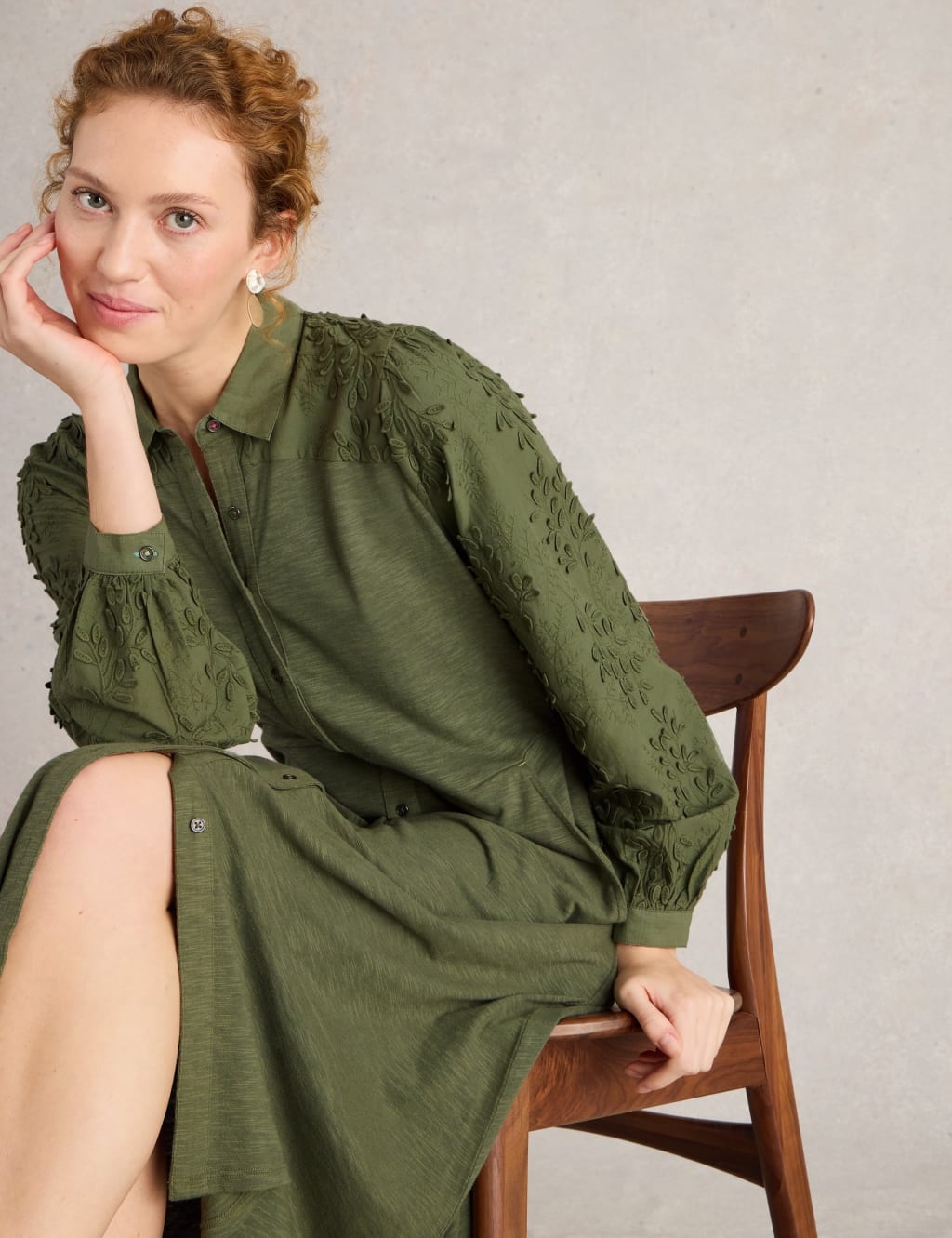 Cotton Rich Embroidered Midi Shirt Dress
