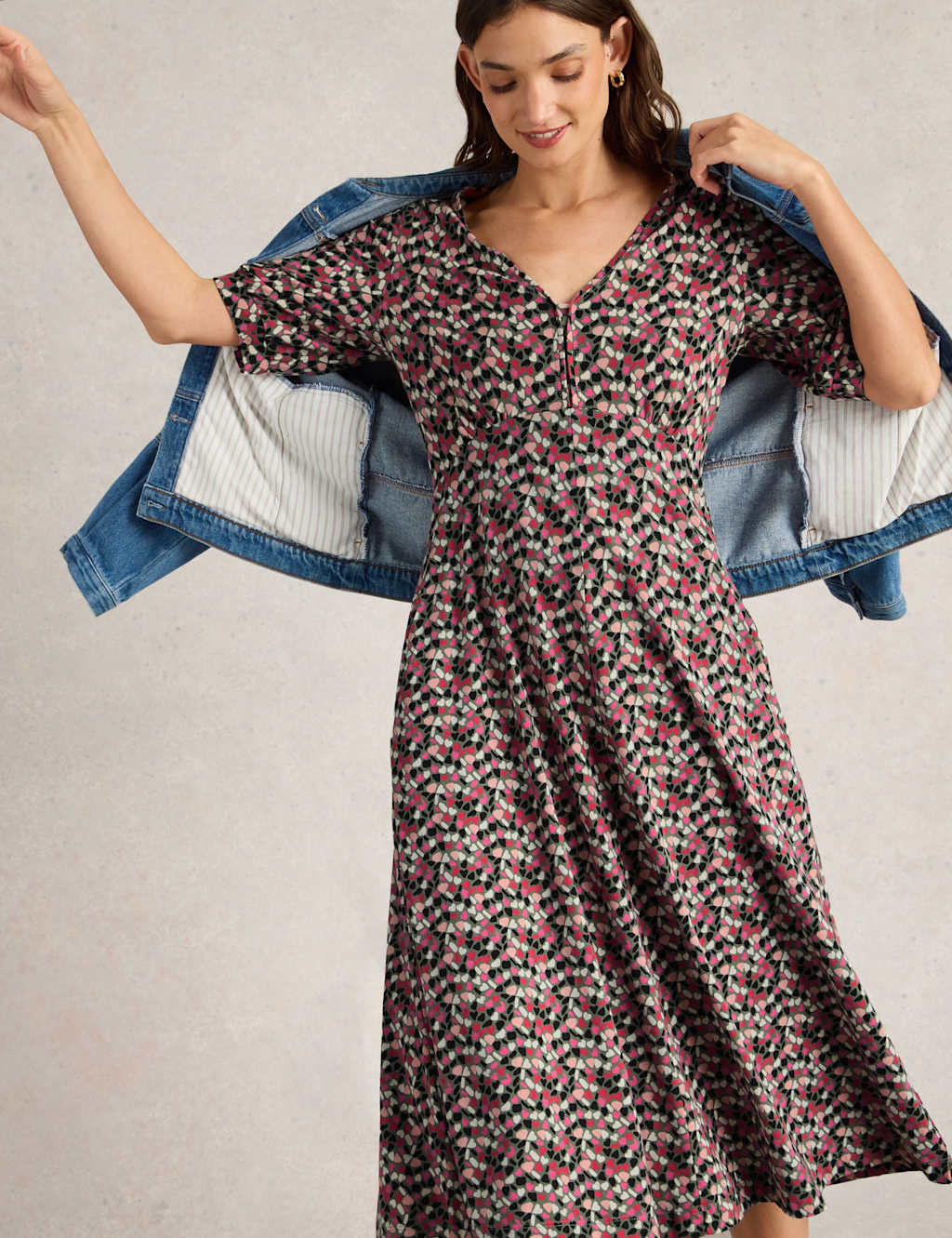 Jersey Heart Print V-Neck Midi Tea Dress