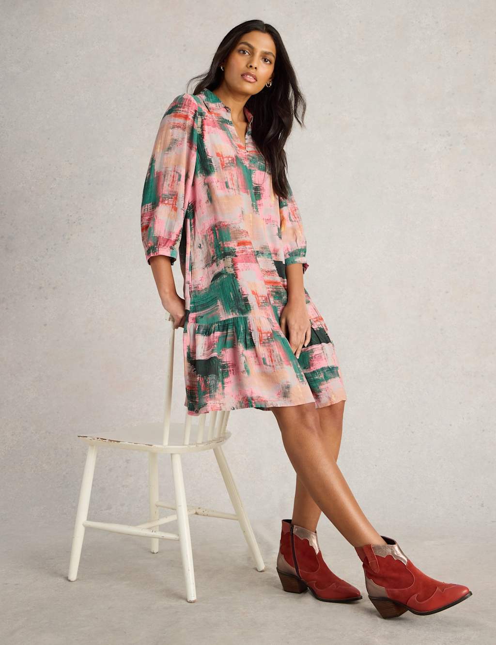 Printed Knee Length Relaxed Tiered Dress