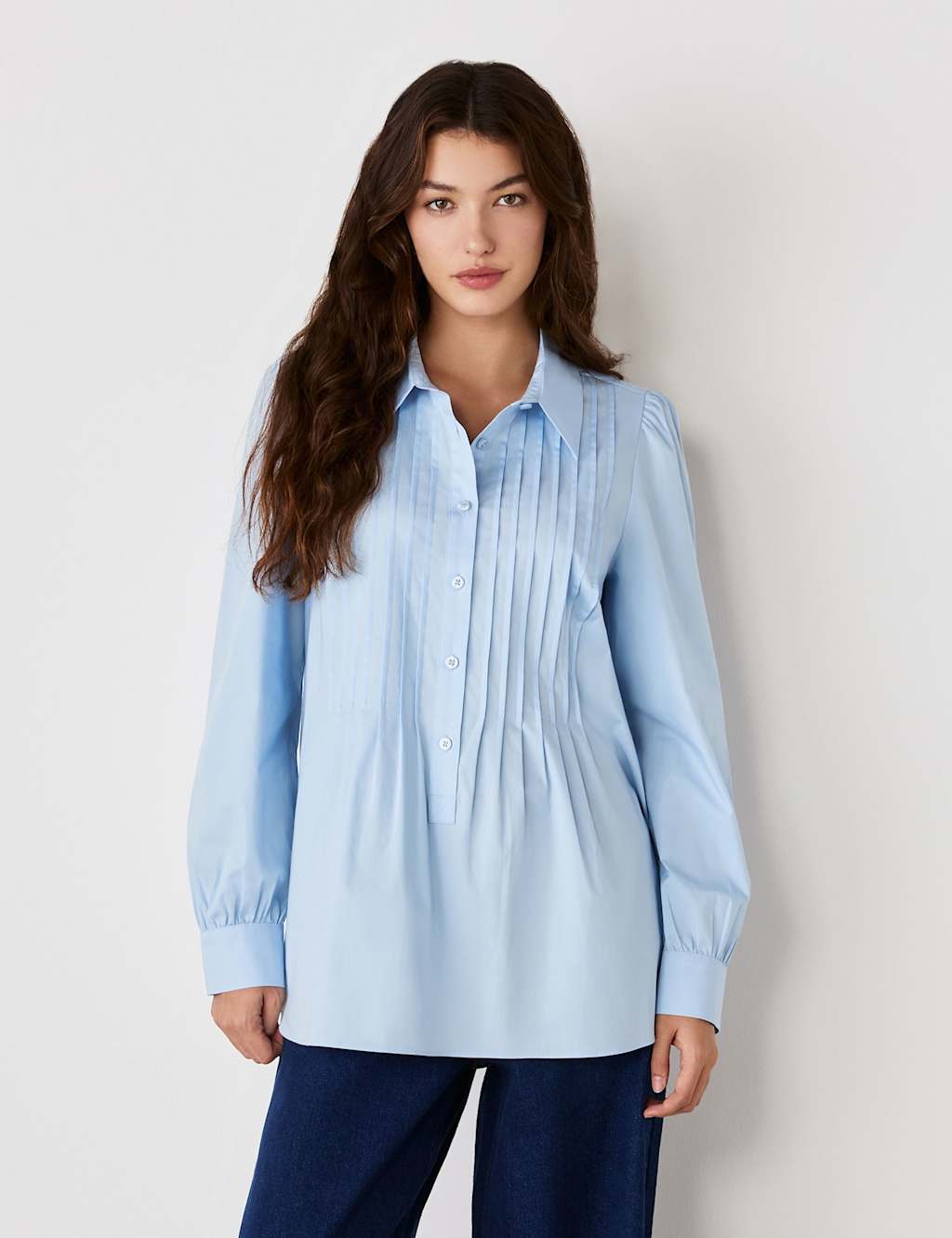 Finery London Cotton Rich Collared Pintuck Shirt Blue