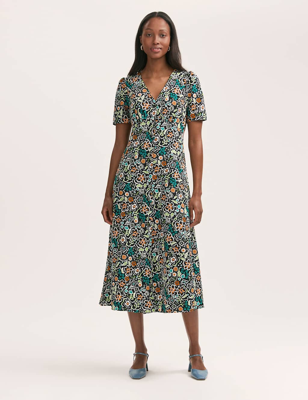 Floral V-Neck Button Through Midi Tea Dress
