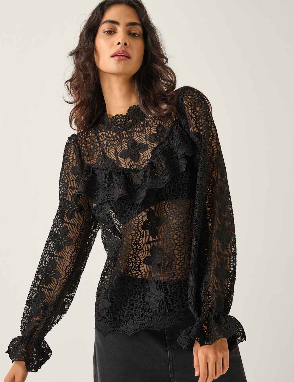 Monsoon Sheer Lace Floral High Neck Blouse Black