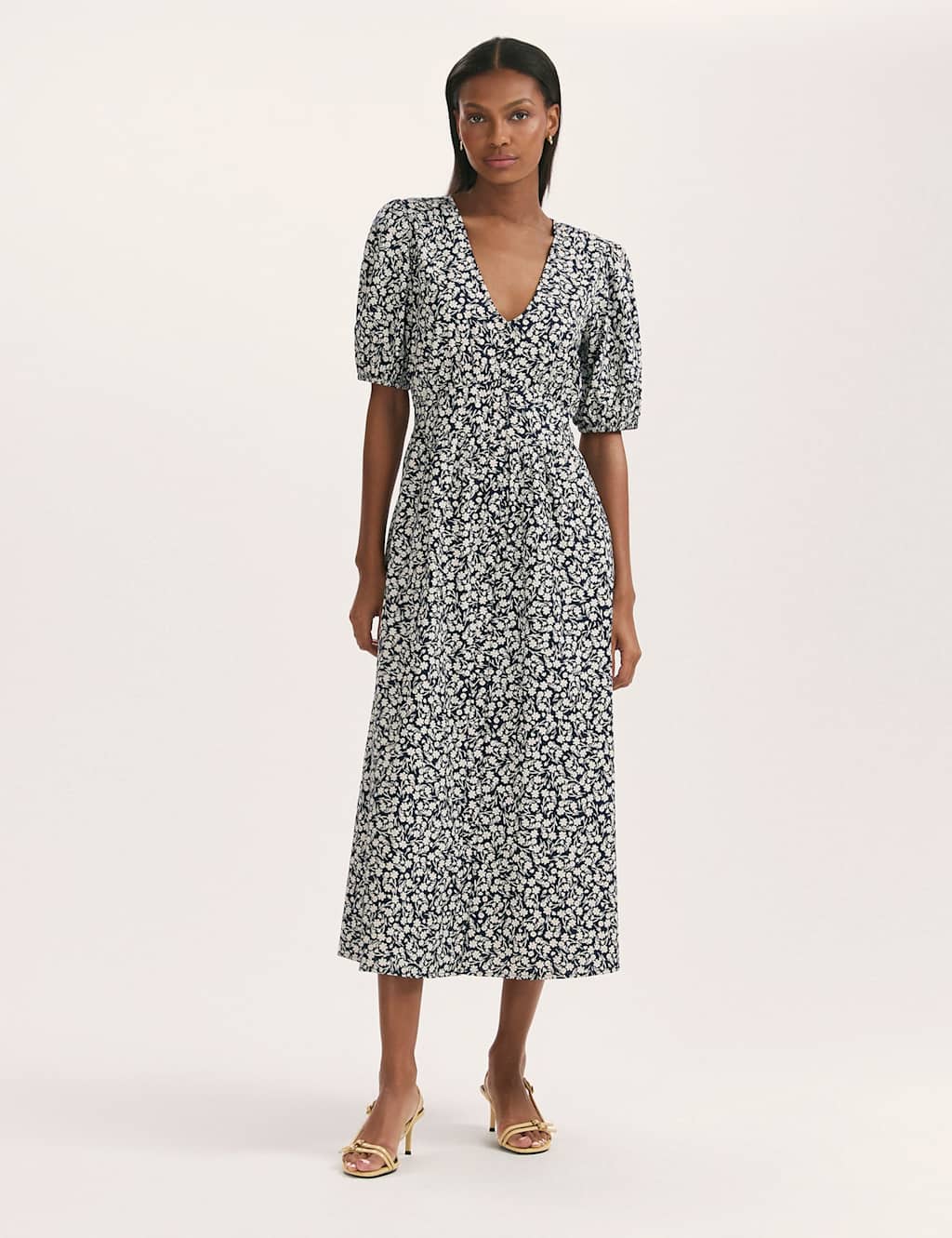 Pure Cotton Floral V-Neck Midi Waisted Dress