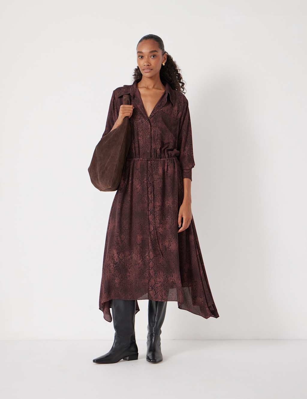 HUSH Chiffon Animal Print Midi Waisted Dress Brown Mix