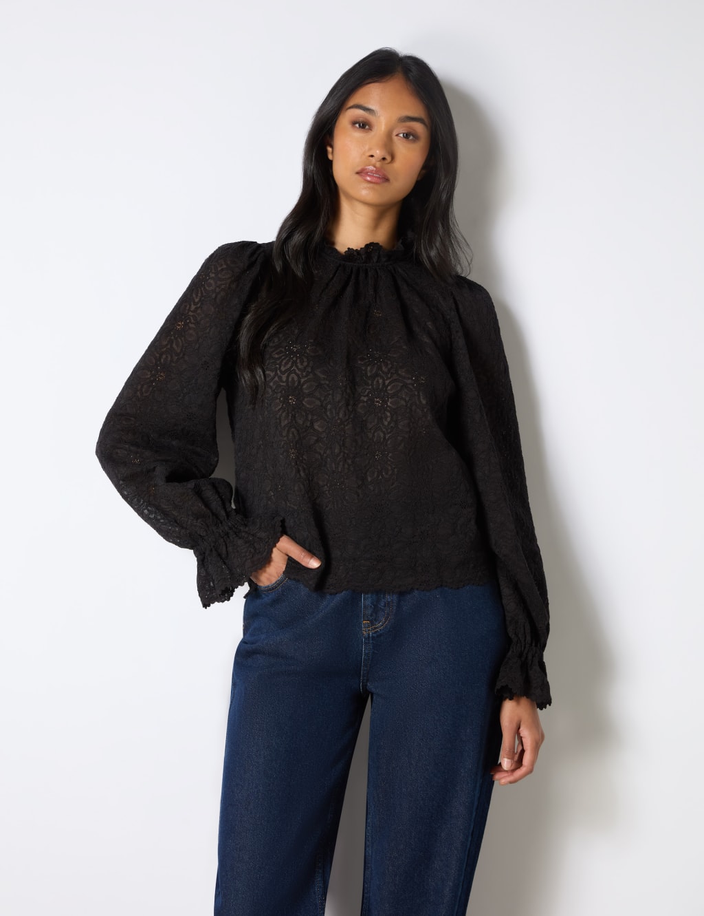 Lace High Neck Blouson Sleeve Blouse