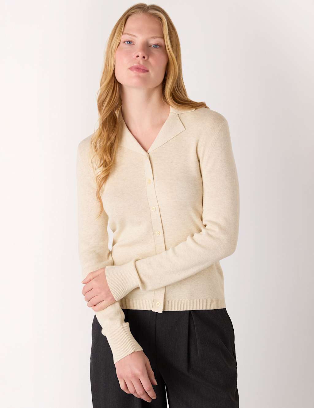 Whistles Women's Phoebe Cotton Rich Collared Knitted Top - 10 - Oatmeal - Available at M&S