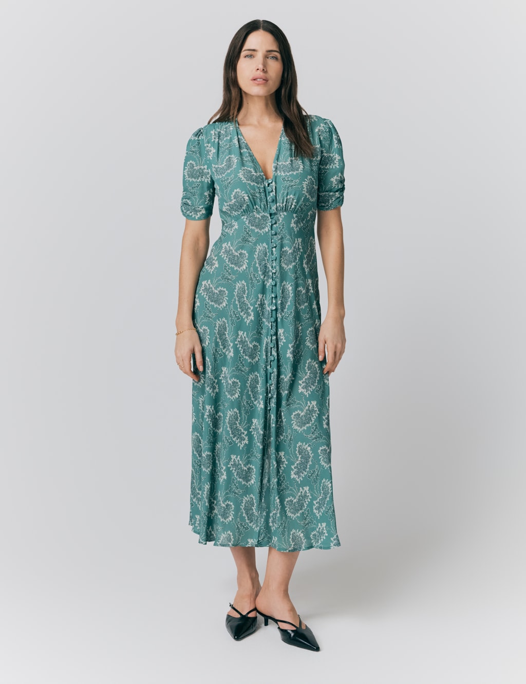 Crepe Floral V-Neck Midi Tea Dress