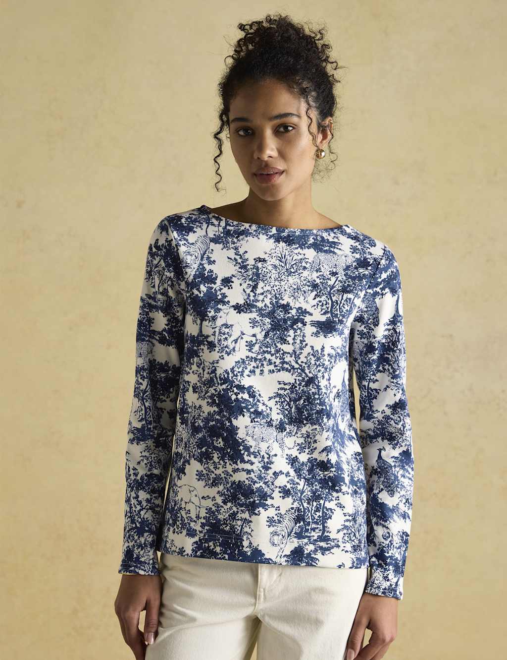 Joules Pure Cotton Printed Slash Neck Top Blue Mix