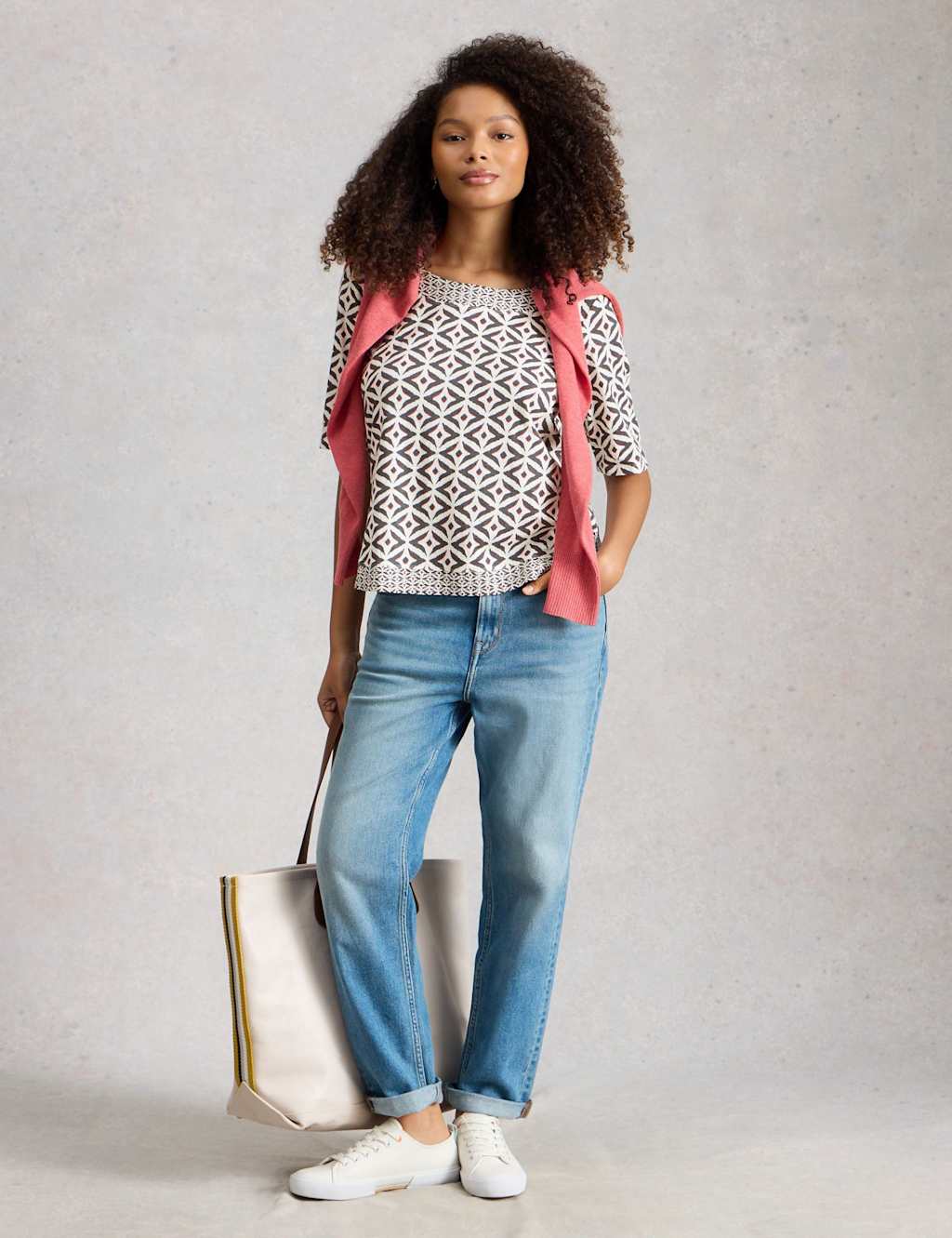 White Stuff Women's Pure Cotton Jersey Printed Top - 12 - White Mix - Available at M&S