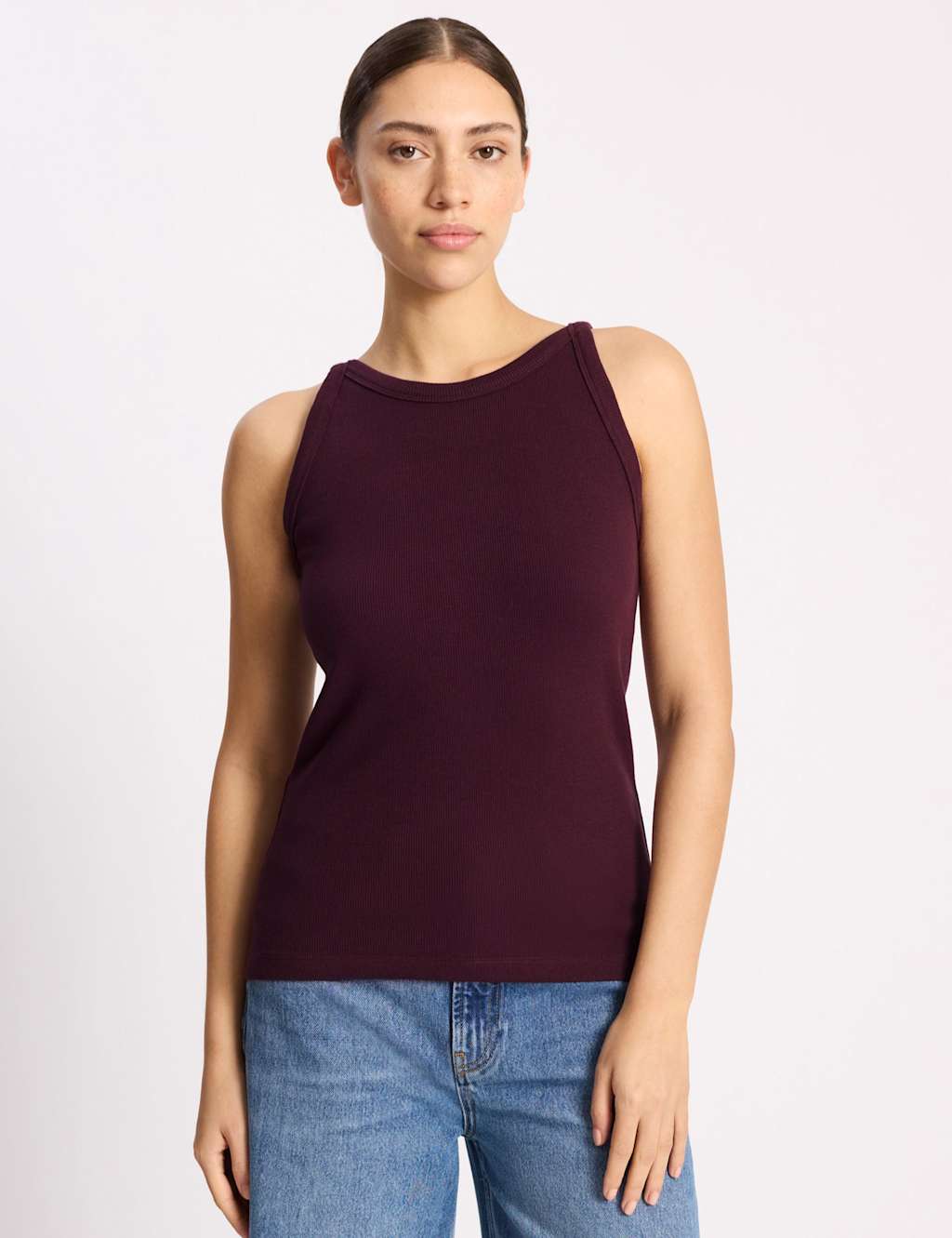 Albaray Women's Cotton Rich Ribbed High Neck Vest - 8 - Burgundy - Available at M&S