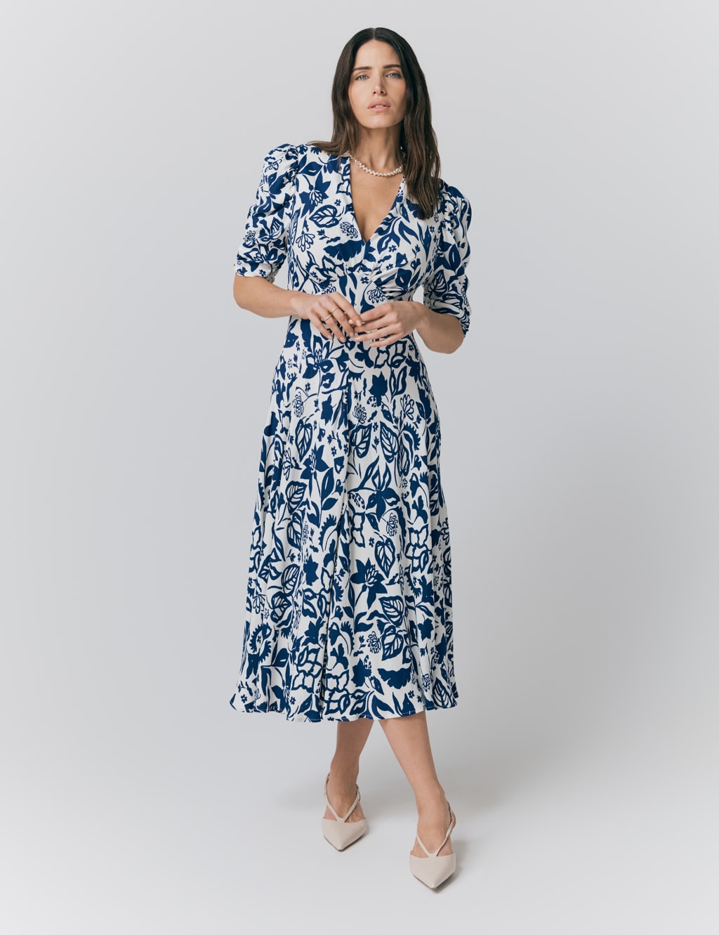 Crepe Floral V-Neck Midi Tea Dress