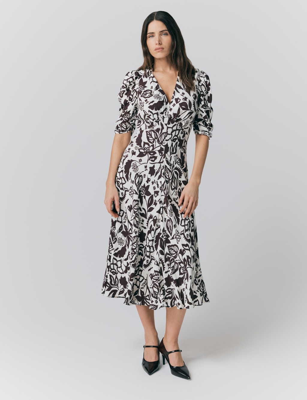 Crepe Floral V-Neck Midi Tea Dress