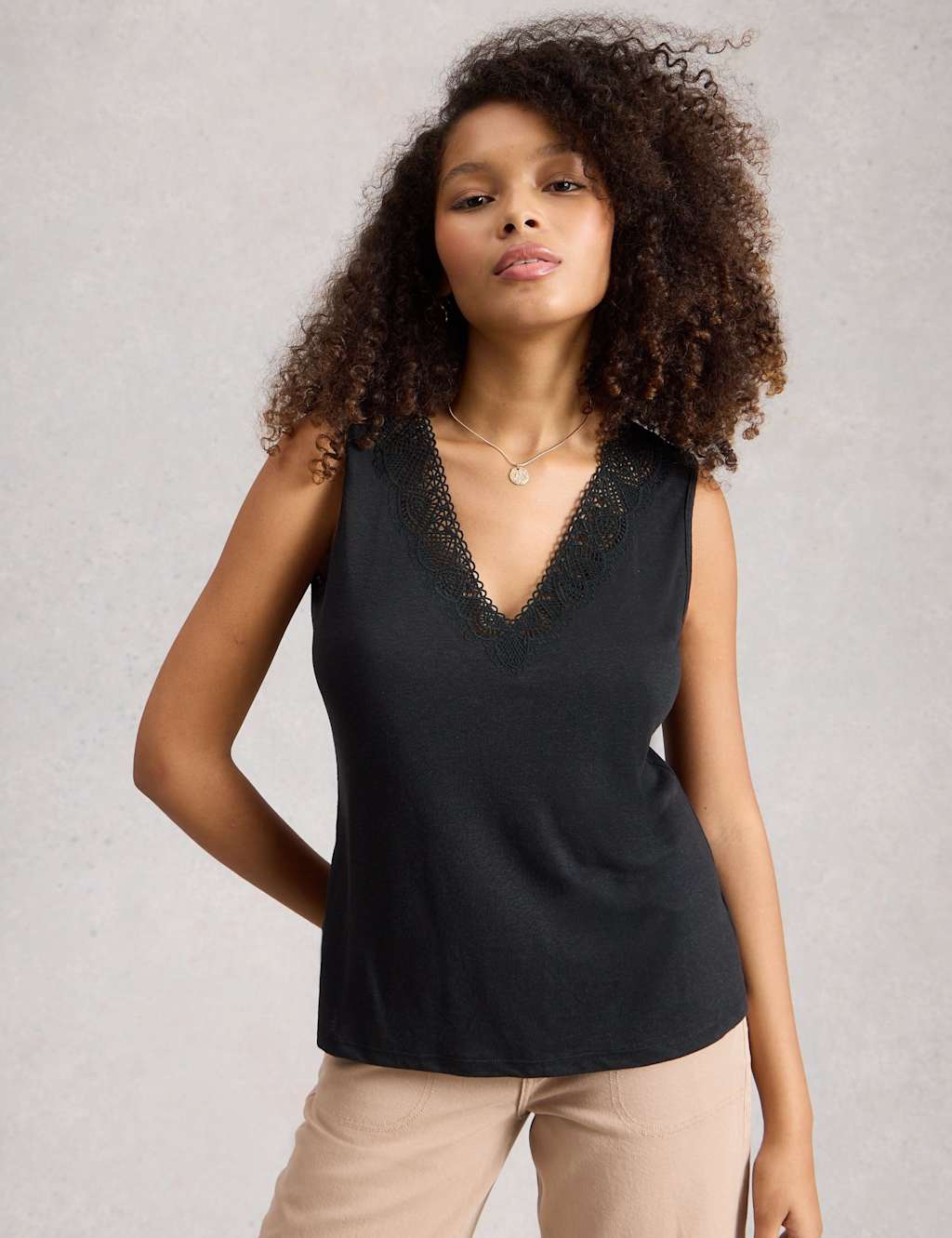 White Stuff Women's Linen Blend Lace Trim V-Neck Vest Top - 14 - Black - Available at M&S
