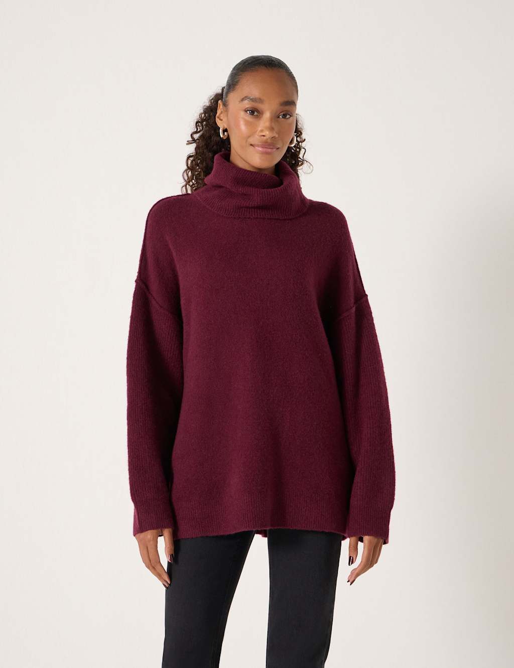 HUSH Wool Blend Textured Roll Neck Longline Jumper Burgundy