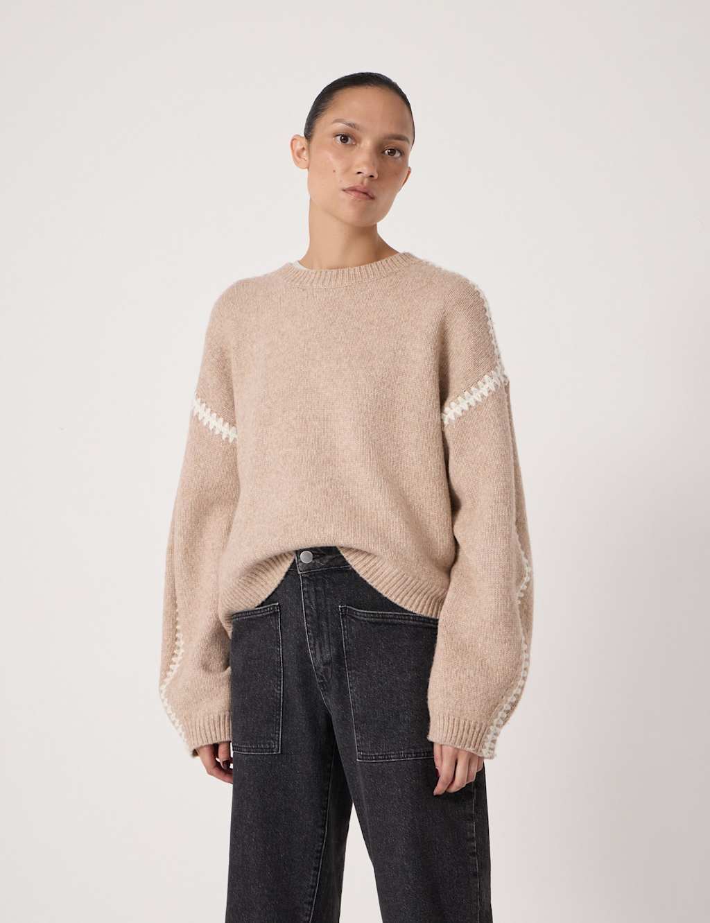 HUSH Textured Crew Neck Oversized Jumper with Wool Beige Mix