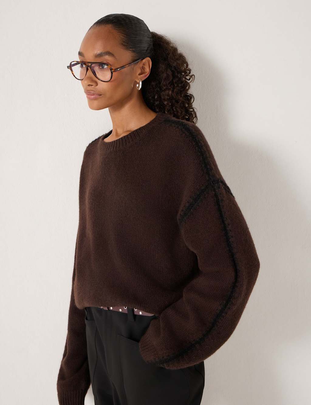 HUSH Textured Crew Neck Oversized Jumper with Wool Brown Mix