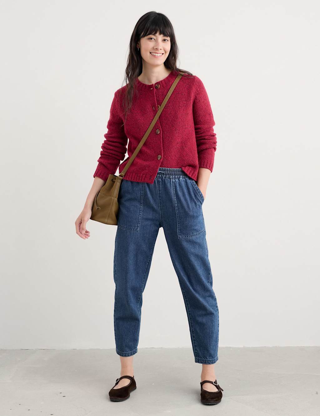 Seasalt Cornwall Merino Wool Rich Crew Neck Cardigan Dark Red