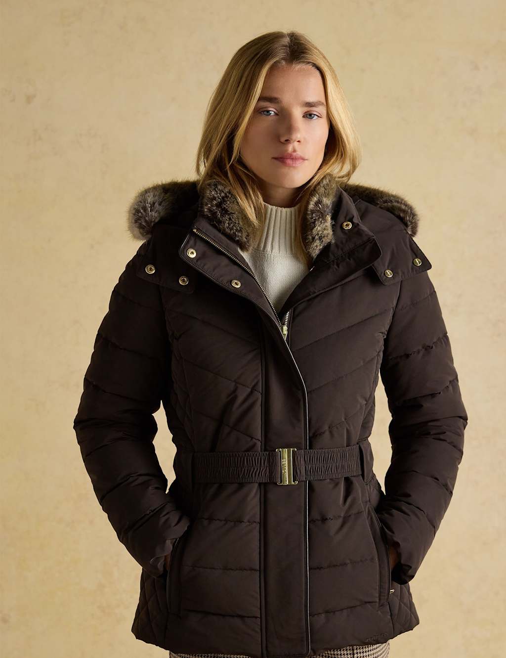 Joules Showerproof Padded Faux Fur Hooded Short Coat Brown