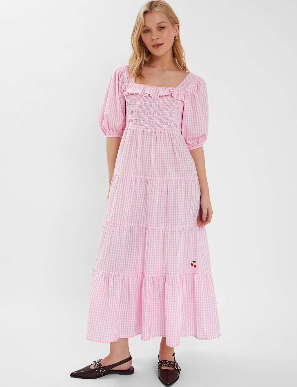 ACCESSORIZE Pure Cotton Gingham Square Neck Maxi Dress Pink