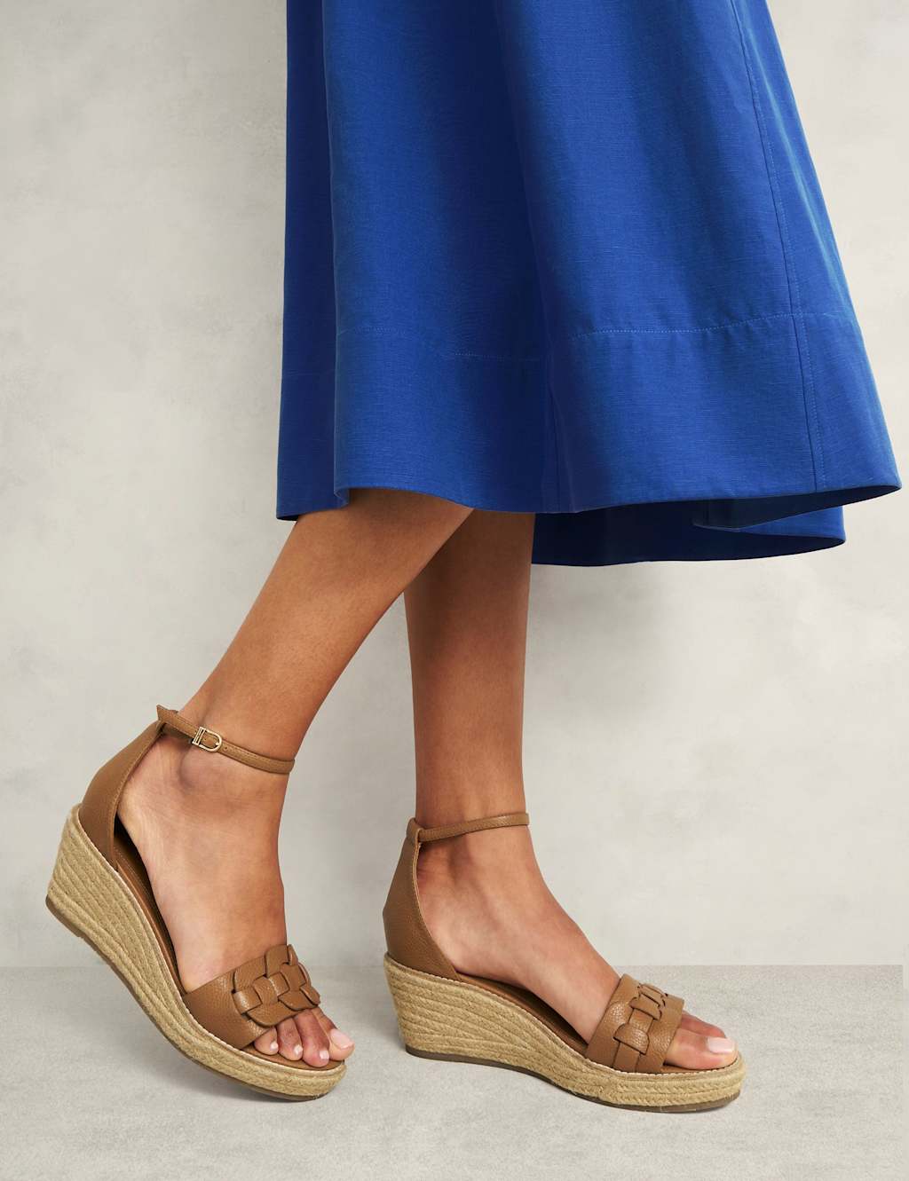 Leather Woven Ankle Strap Wedge Espadrilles