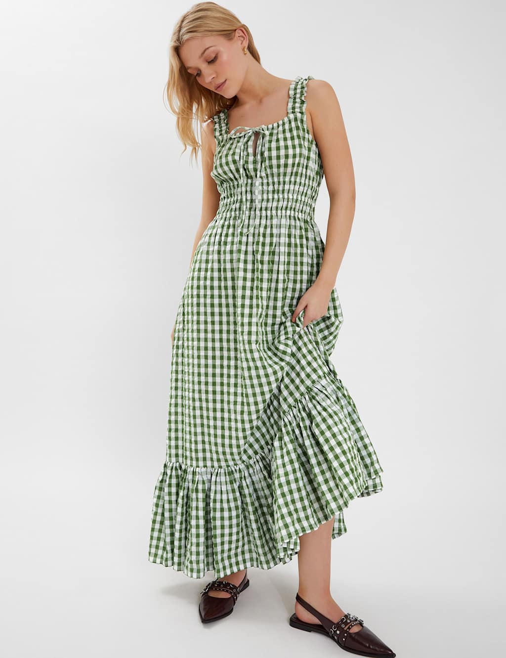 Pure Cotton Gingham Square Neck Maxi Dress