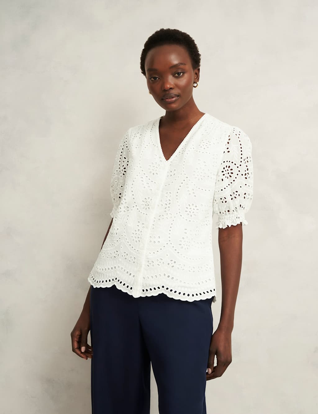 Pure Cotton Broderie V-Neck Blouse
