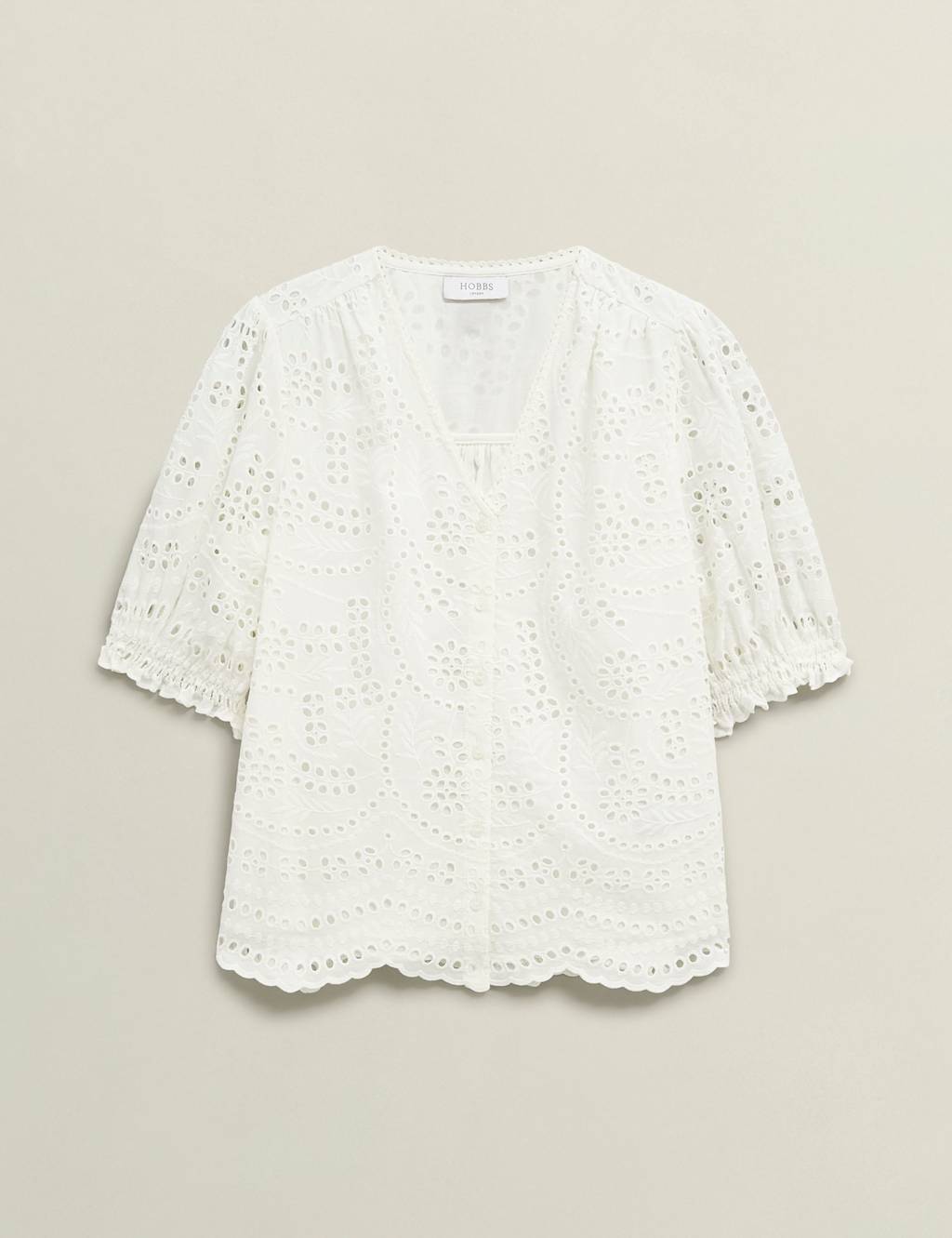 Hobbs Women's Pure Cotton Broderie V-Neck Blouse - 12REG - White, White