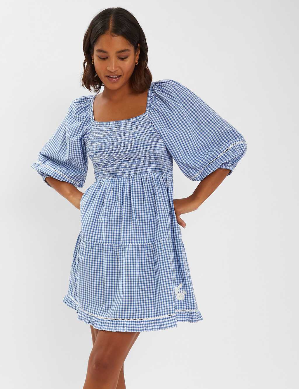 Pure Cotton Gingham Square Neck Mini Dress