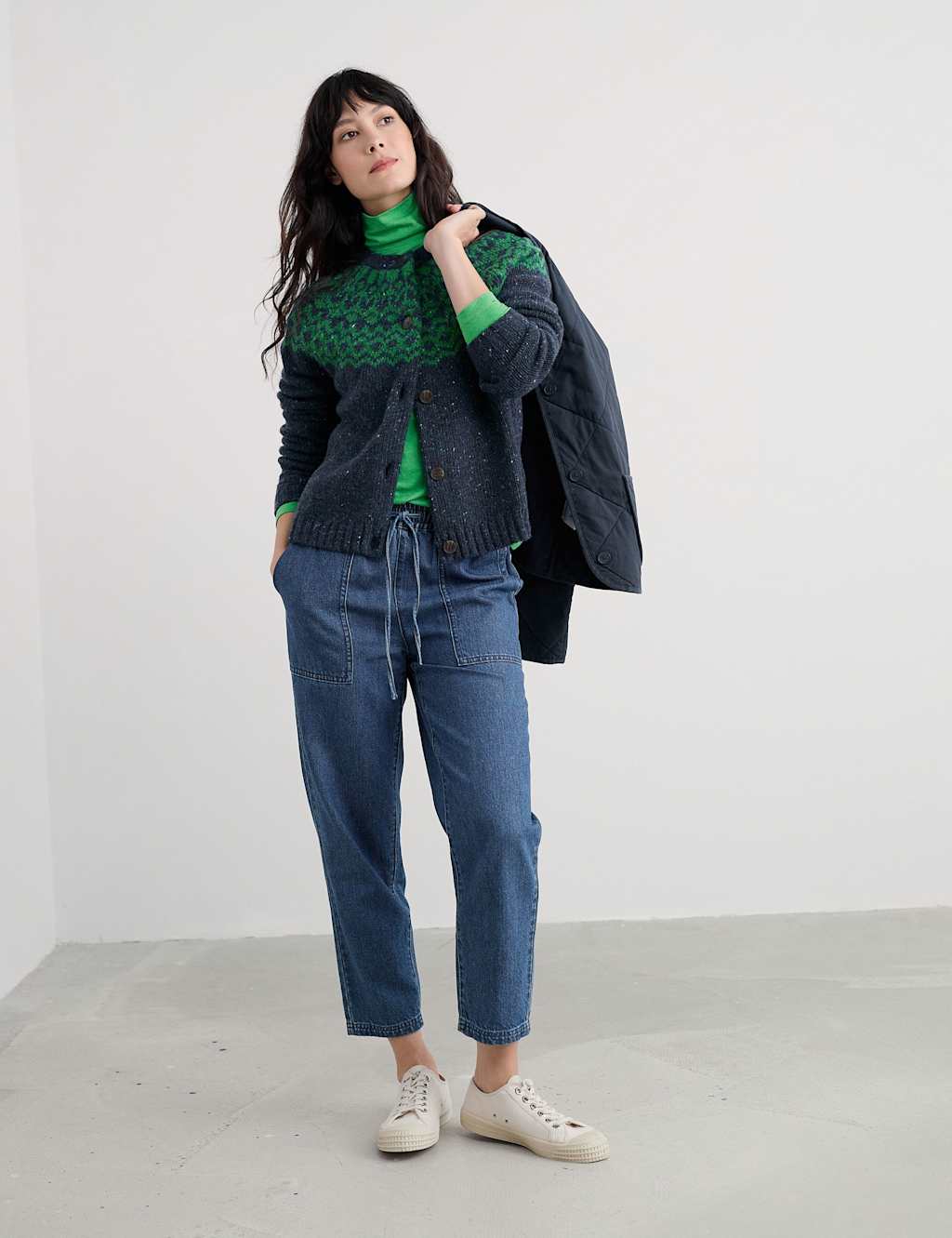 Seasalt Cornwall Merino Wool Rich Embroidered Relaxed Cardigan Navy Mix