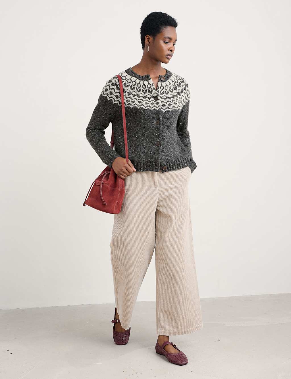 Seasalt Cornwall Women's Merino Wool Rich Fair Isle Crew Neck Cardigan - 12 - Grey Mix, Grey Mix