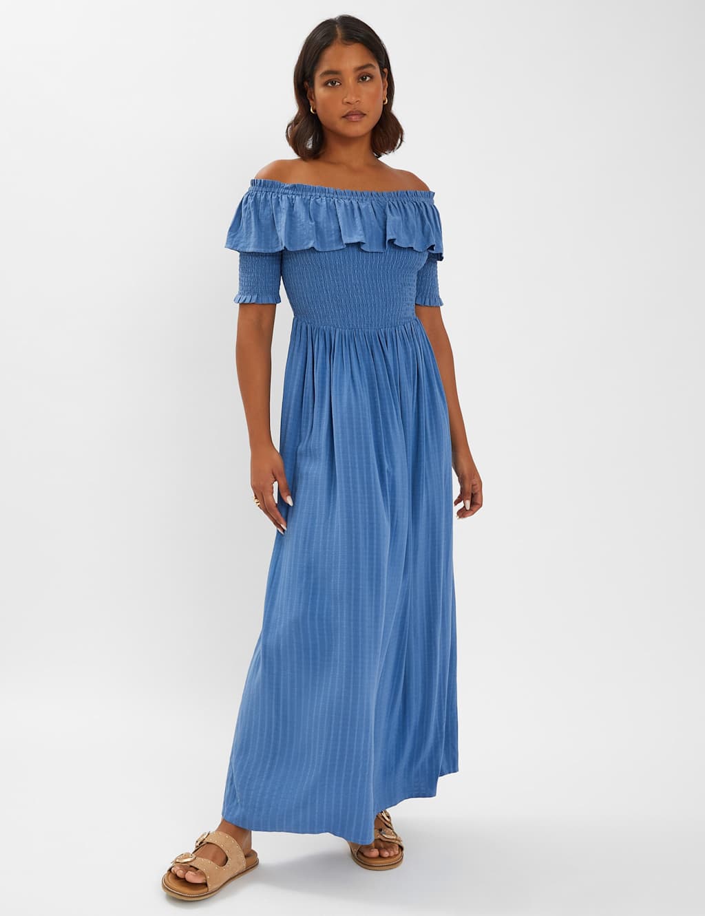ACCESSORIZE Off The Shoulder Shirred Maxi Beach Dress Blue