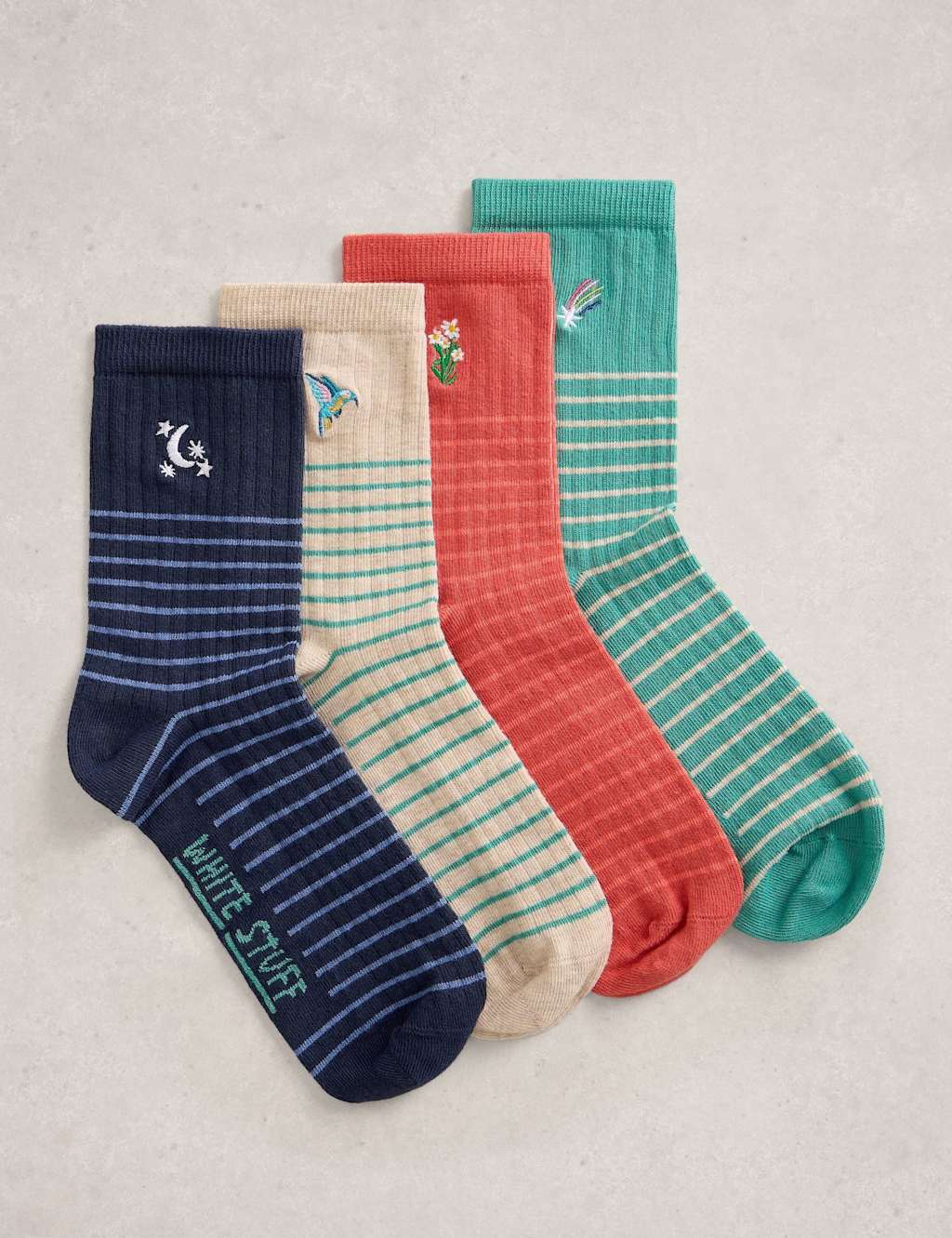 White Stuff Women's 4 Pack Cotton Rich Embroidered Ankle High Socks - 3-5 - Blue Mix - Available at M&S