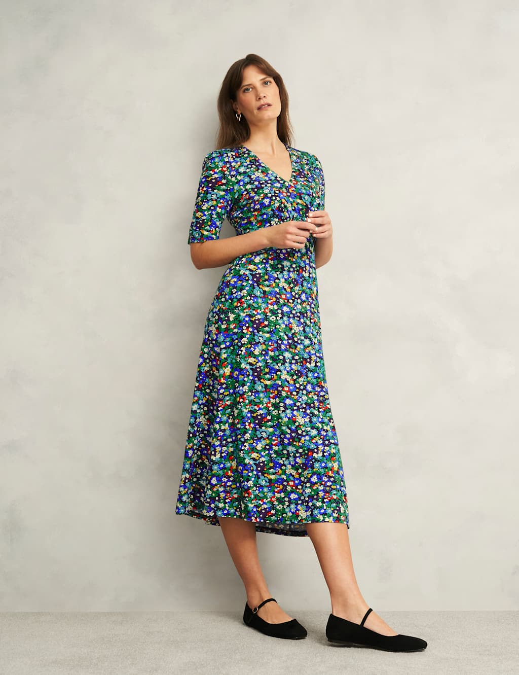 Jersey Floral V-Neck Midi Tea Dress