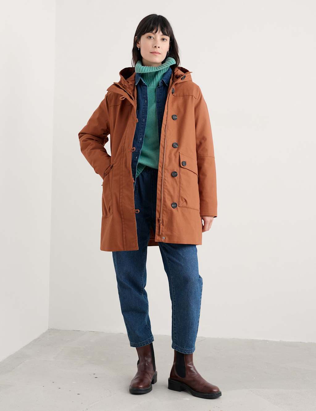 Seasalt Cornwall Pure Cotton Hooded Duffle Coat Brown