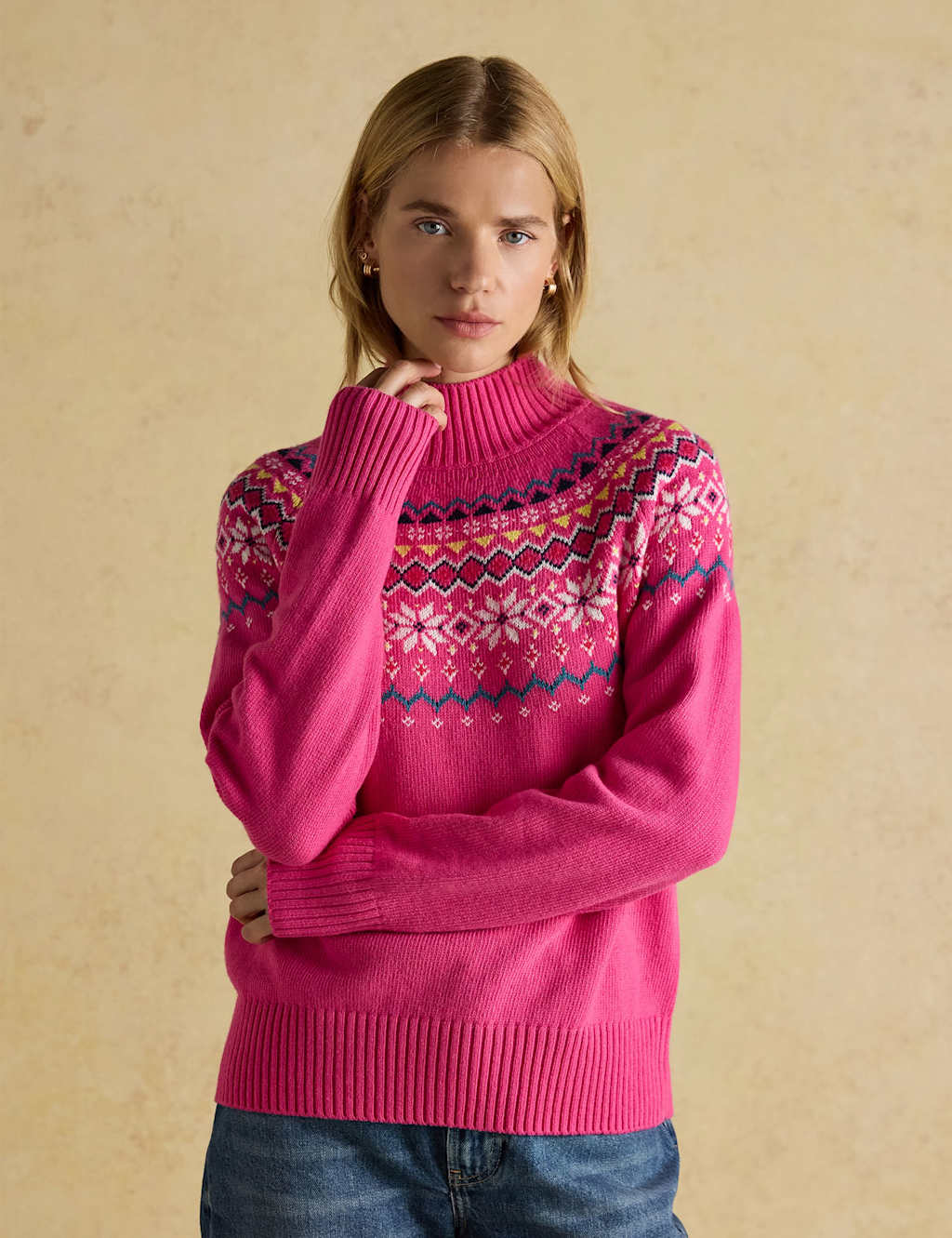 Joules Cotton Rich High Neck Fair Isle Jumper Pink Mix