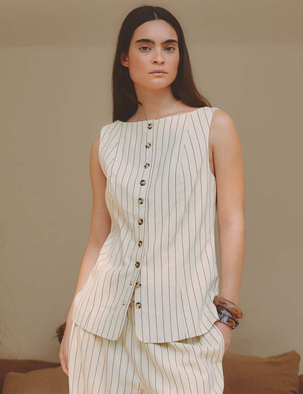 Albaray Women's Linen Blend Pinstripe Waistcoat - 12 - Cream Mix - Available at M&S