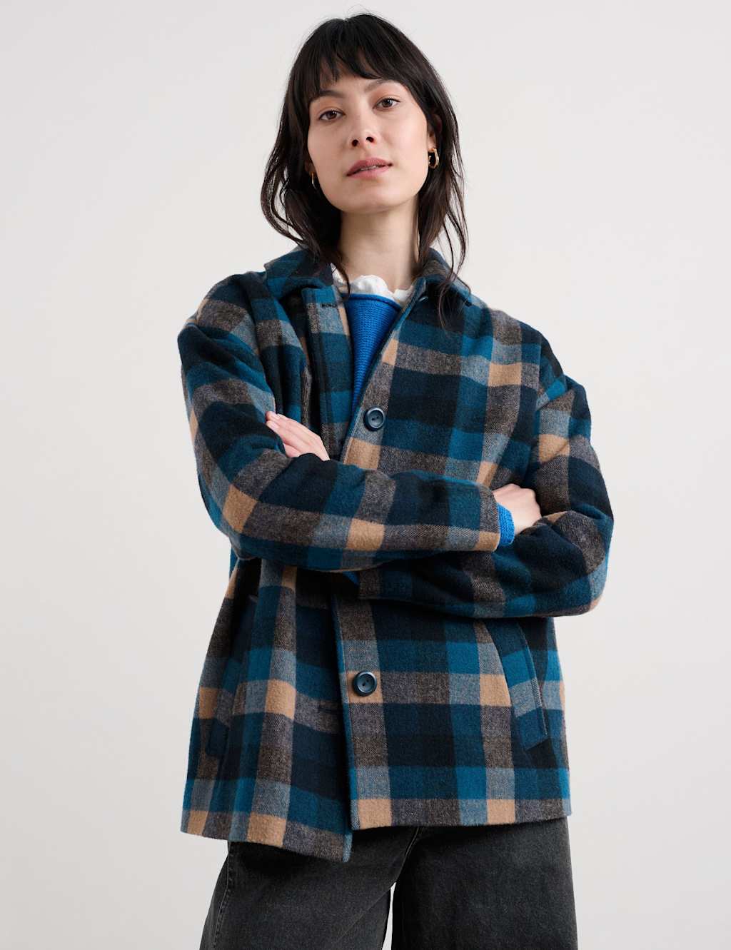 Seasalt Cornwall Wool Blend Checked Relaxed Collared Coat Navy Mix