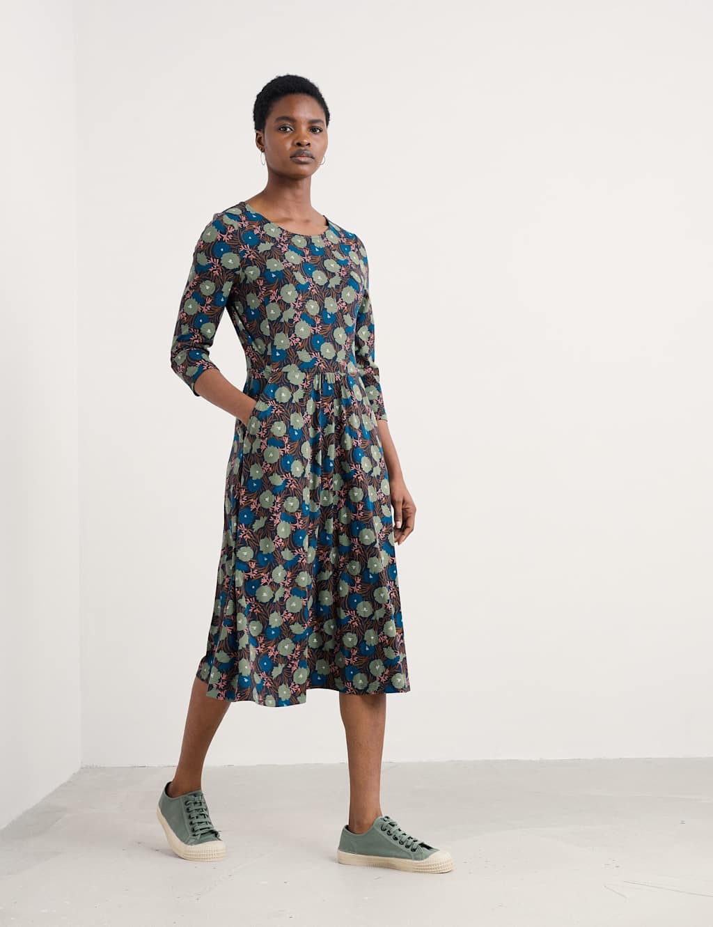 Seasalt Cornwall Cotton Rich Floral Midi Skater Dress Navy Mix