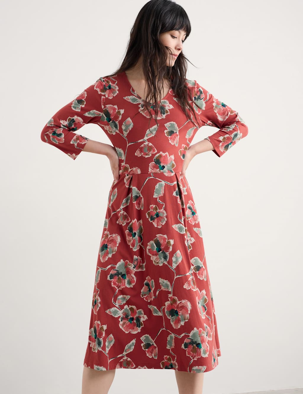 Seasalt Cornwall Cotton Rich Floral V-Neck Midi Skater Dress Red Mix