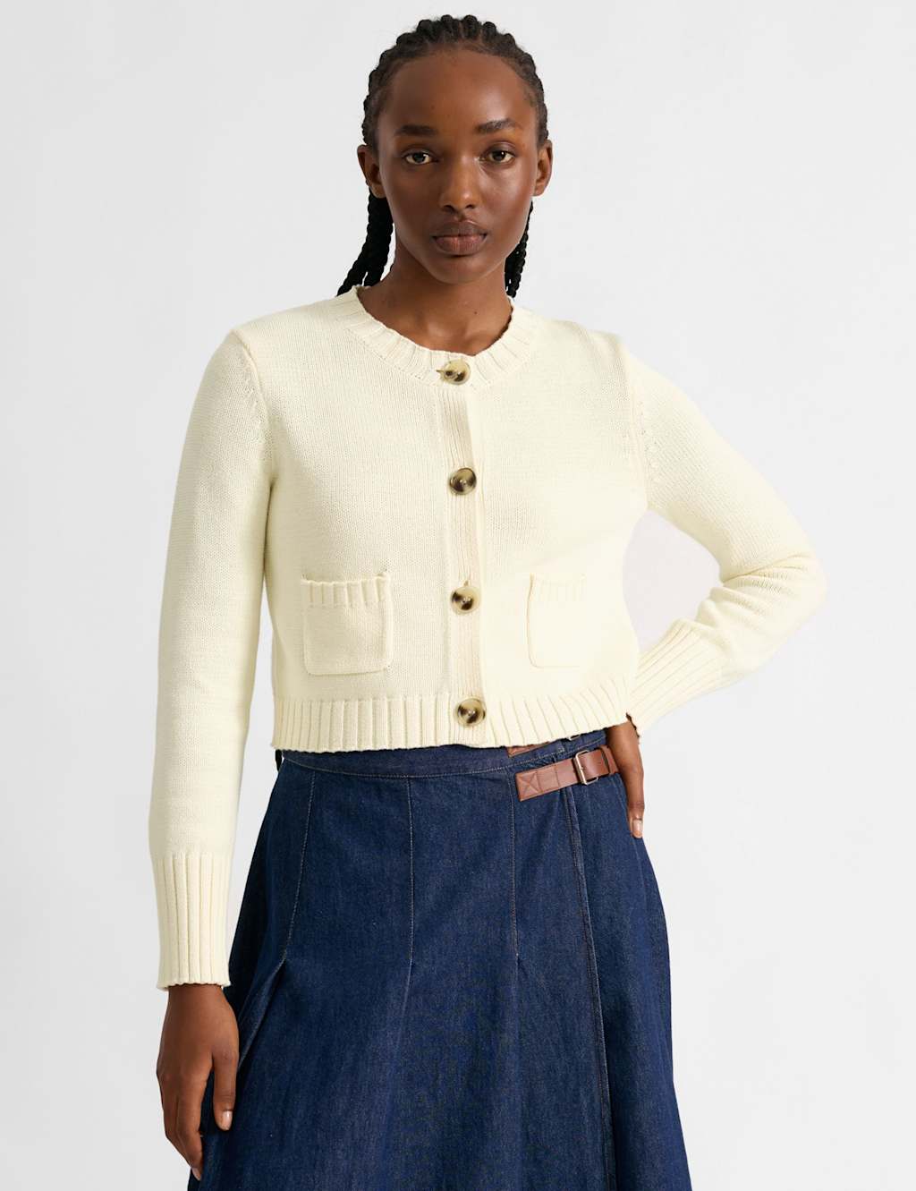 Albaray Women's Pure Cotton Button Front Cropped Cardigan - 12 - Cream - Available at M&S
