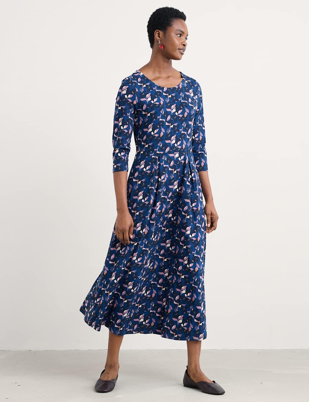 Seasalt Cornwall Cotton Rich Floral Midi Skater Dress Navy Mix