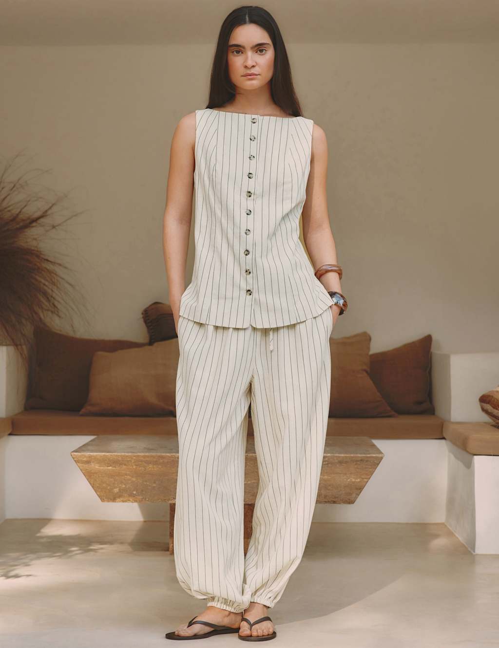 Albaray Women's Linen Blend Pinstripe Balloon Joggers - 8 - Cream Mix - Available at M&S