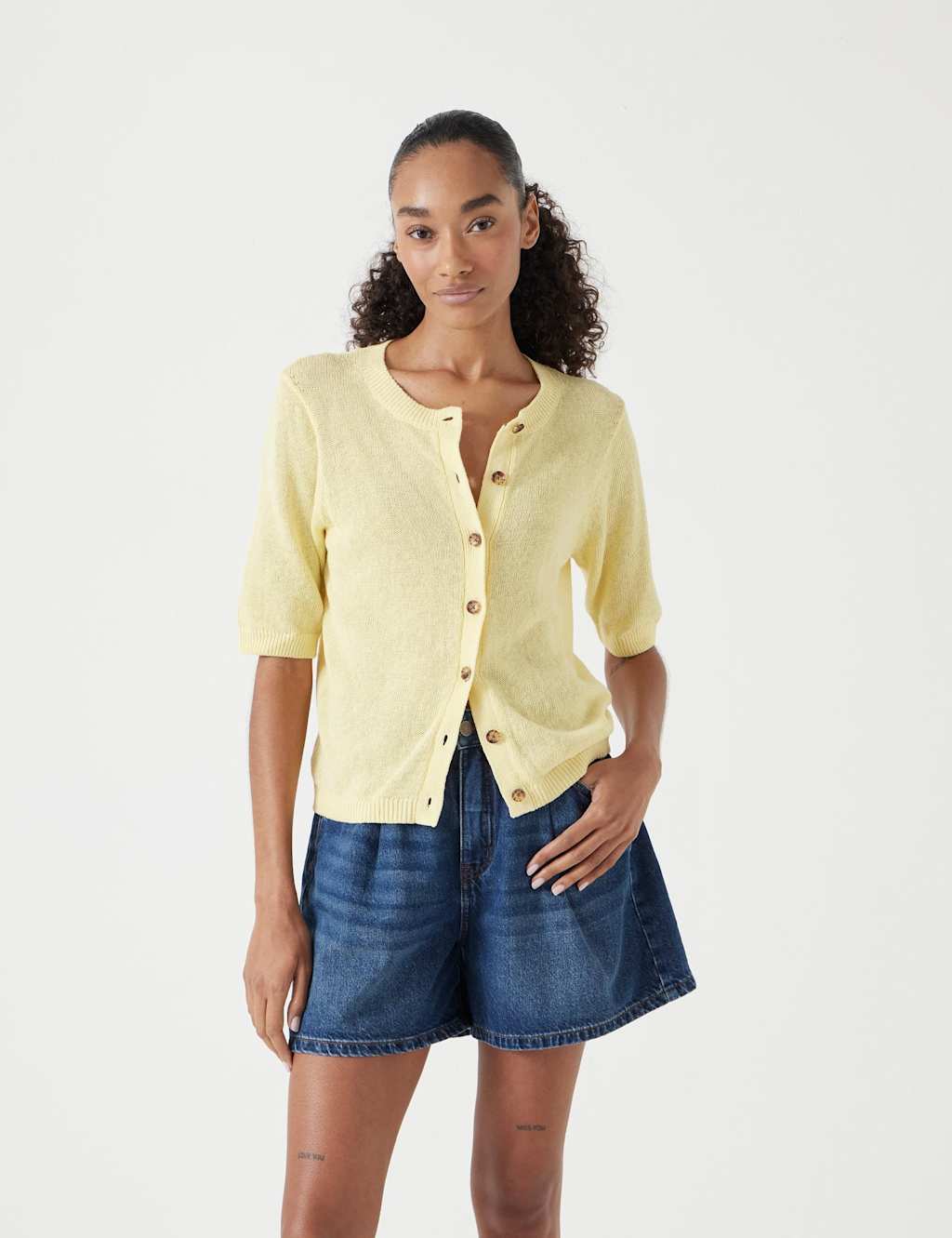 Linen Blend Crew Neck Button Through Cardigan