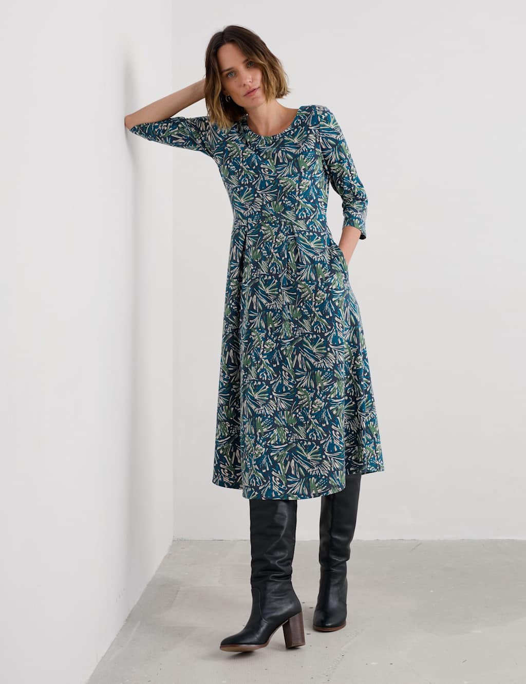 Seasalt Cornwall Cotton Rich Floral Midi Skater Dress Teal Mix